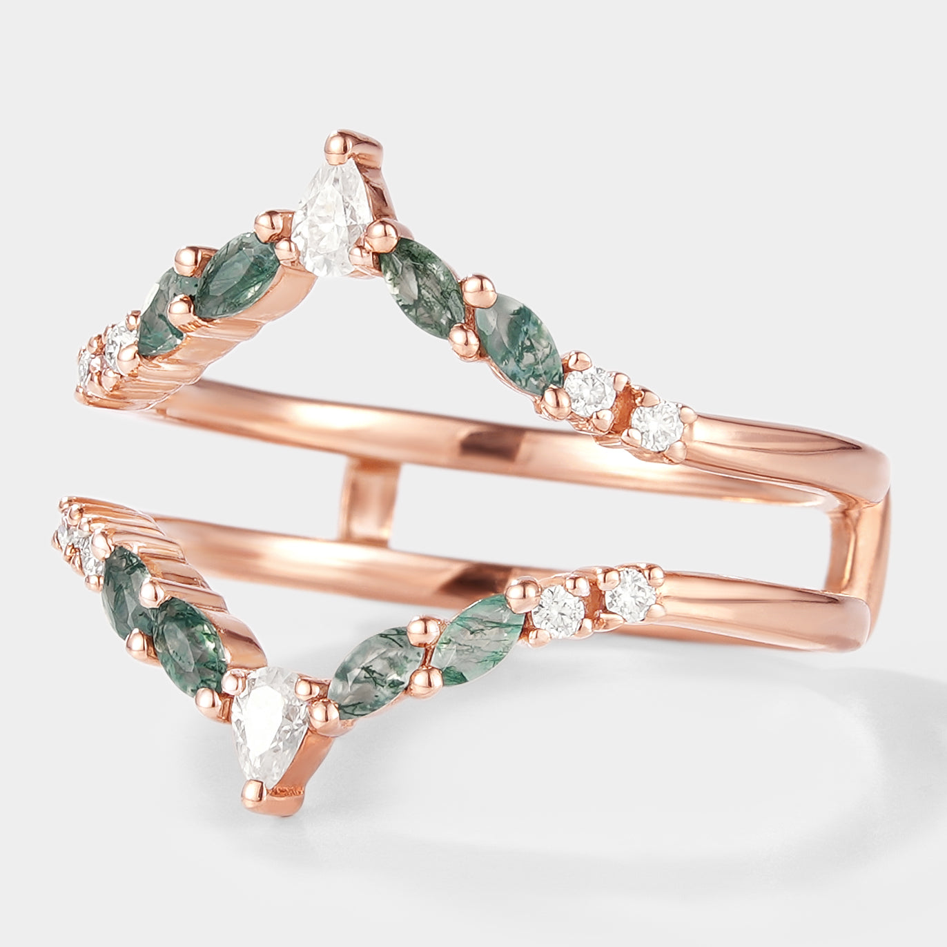 Rose gold enhancer wedding band with moss agate & moissanite, bridal set ring set