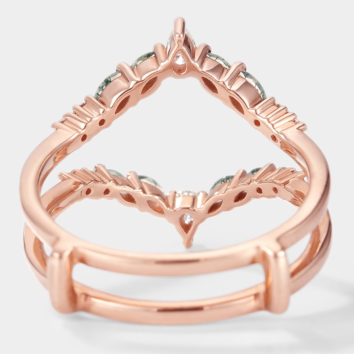 Rose gold enhancer wedding band with moss agate & moissanite, bridal set ring set
