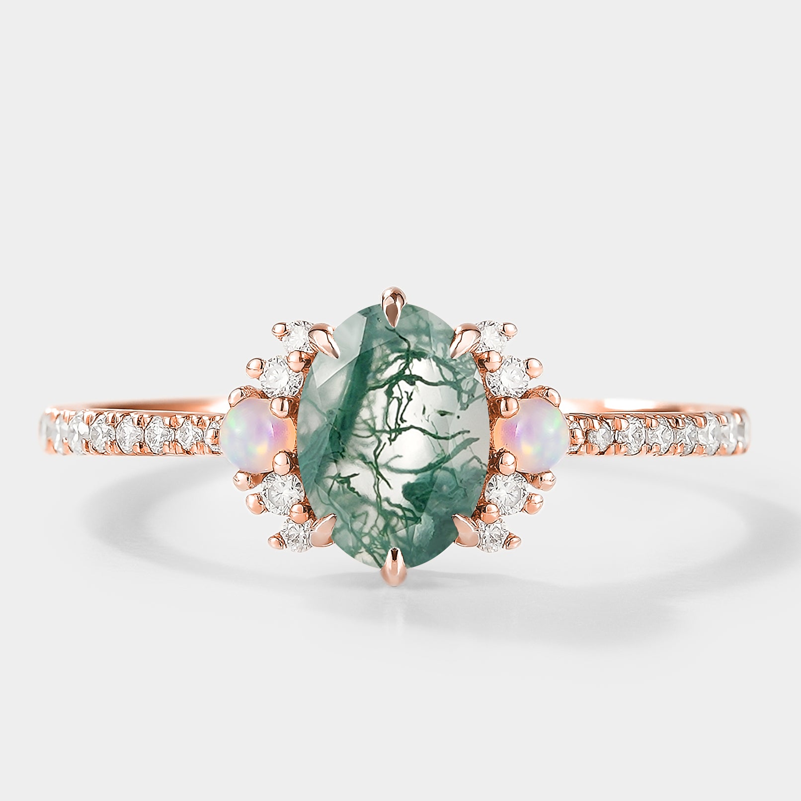 Oval moss agate engagement ring with opal & moissanite cluster, rose gold band