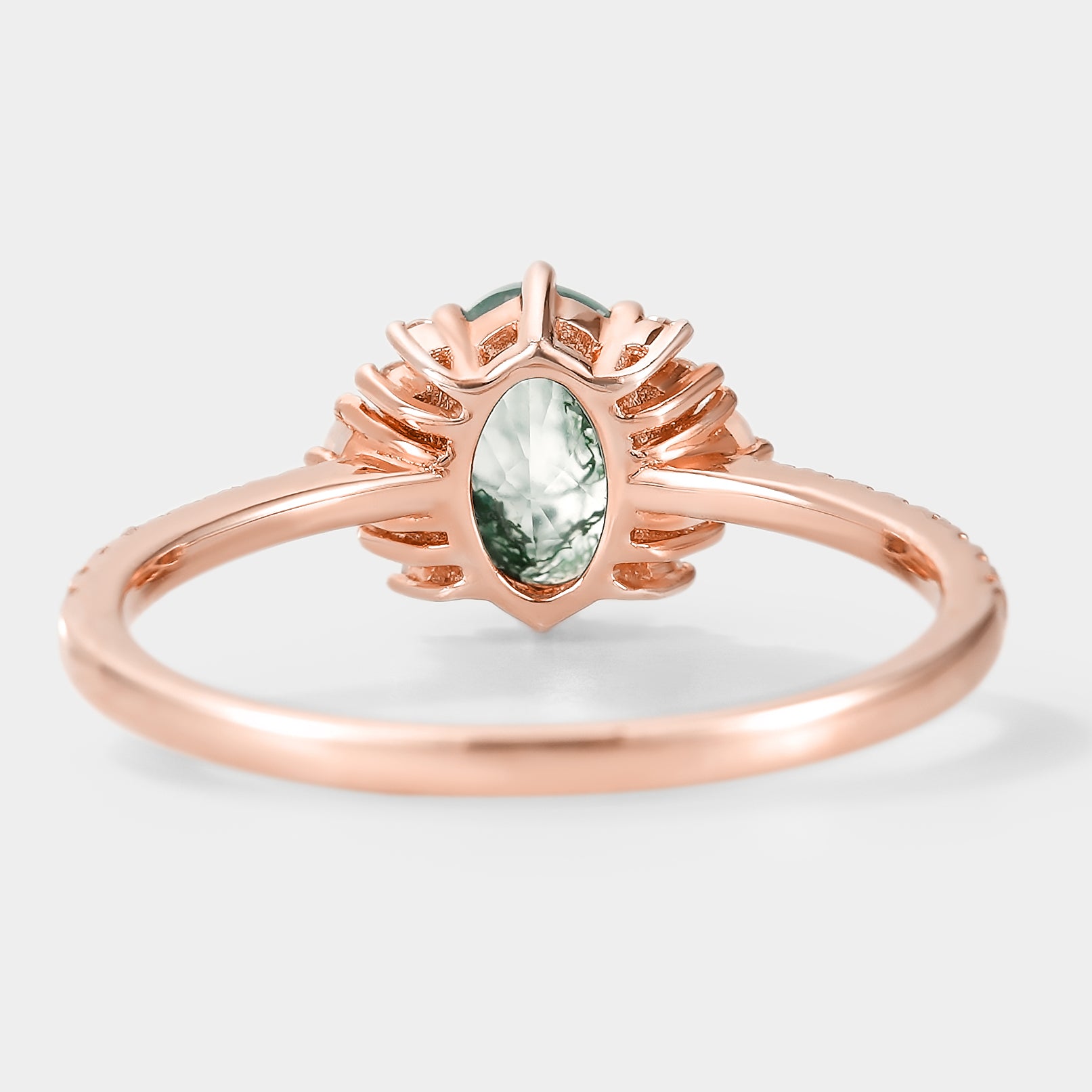 Rose gold oval moss agate engagement ring back view, with opal & moissanite cluster detail.