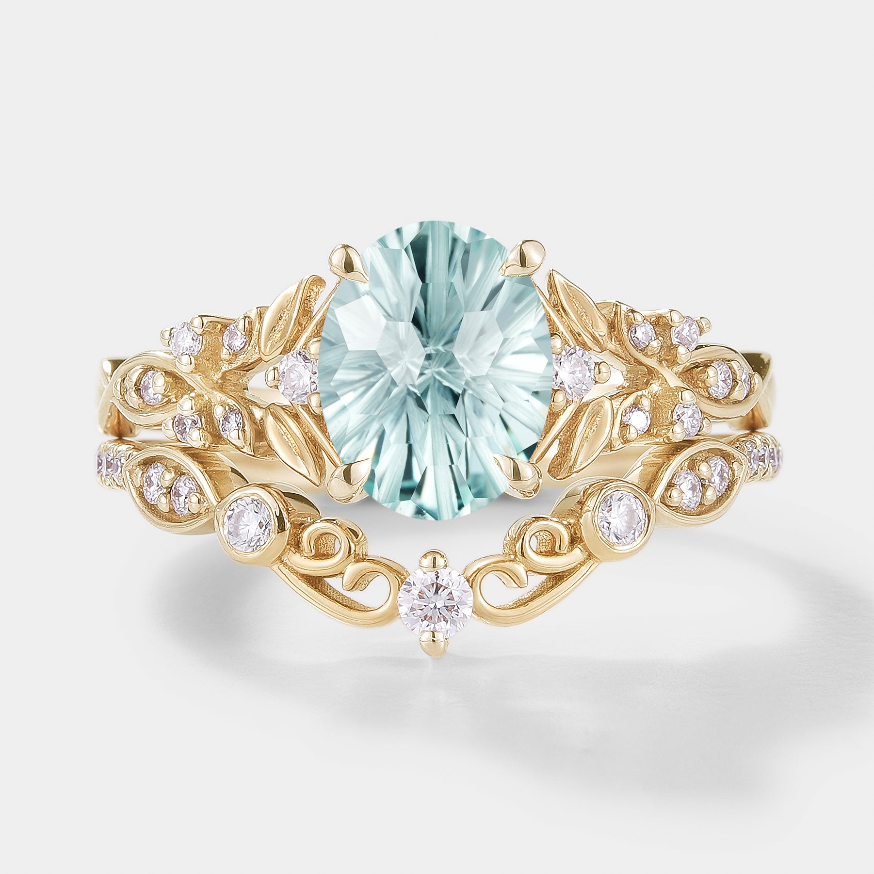 Firework Cut Aquamarine Leaf Engagement Ring Set