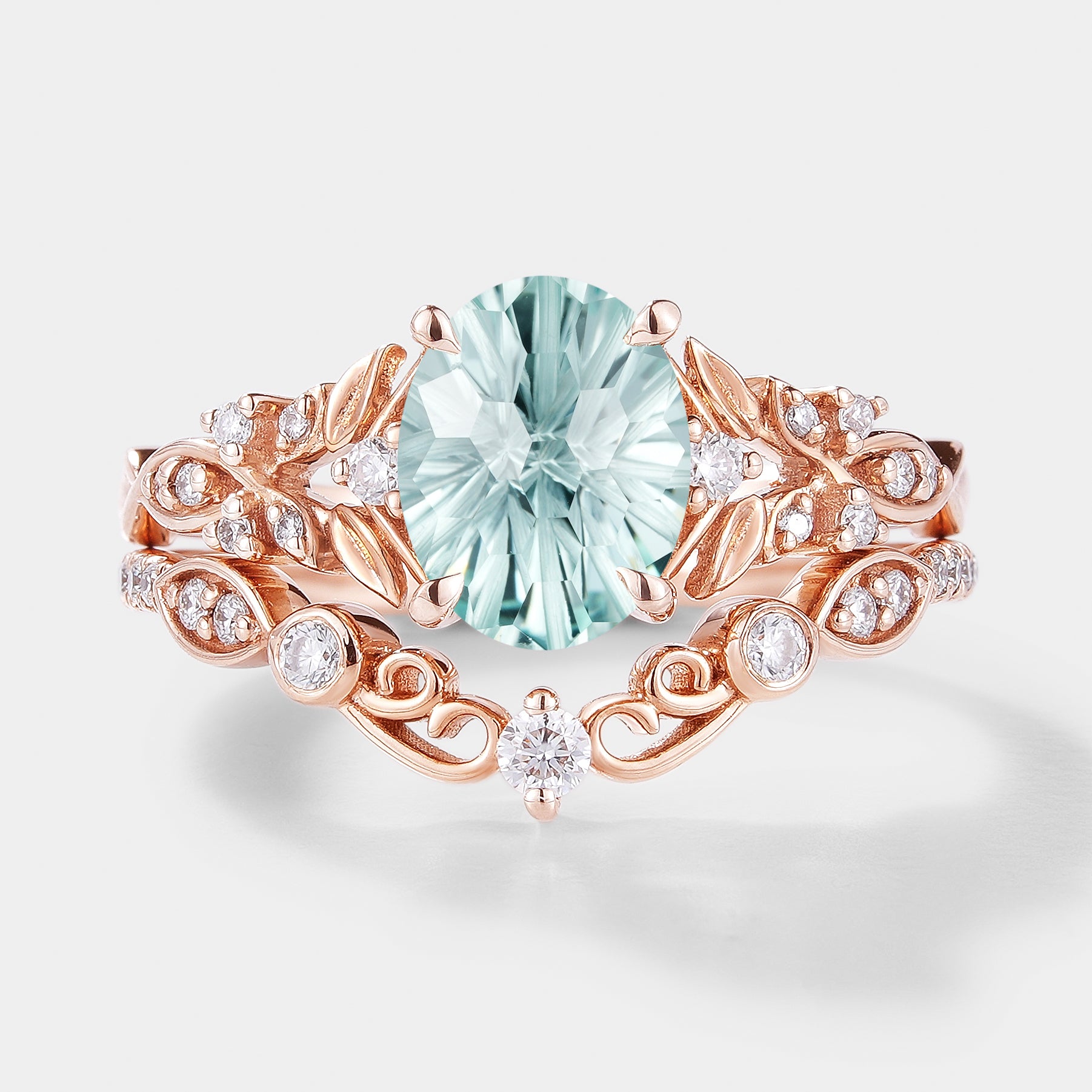Firework Aquamarine Leaf Engagement Ring Set