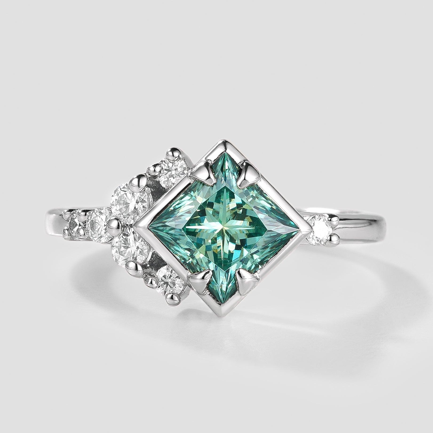 Nature-inspired princess cut green moissanite engagement ring