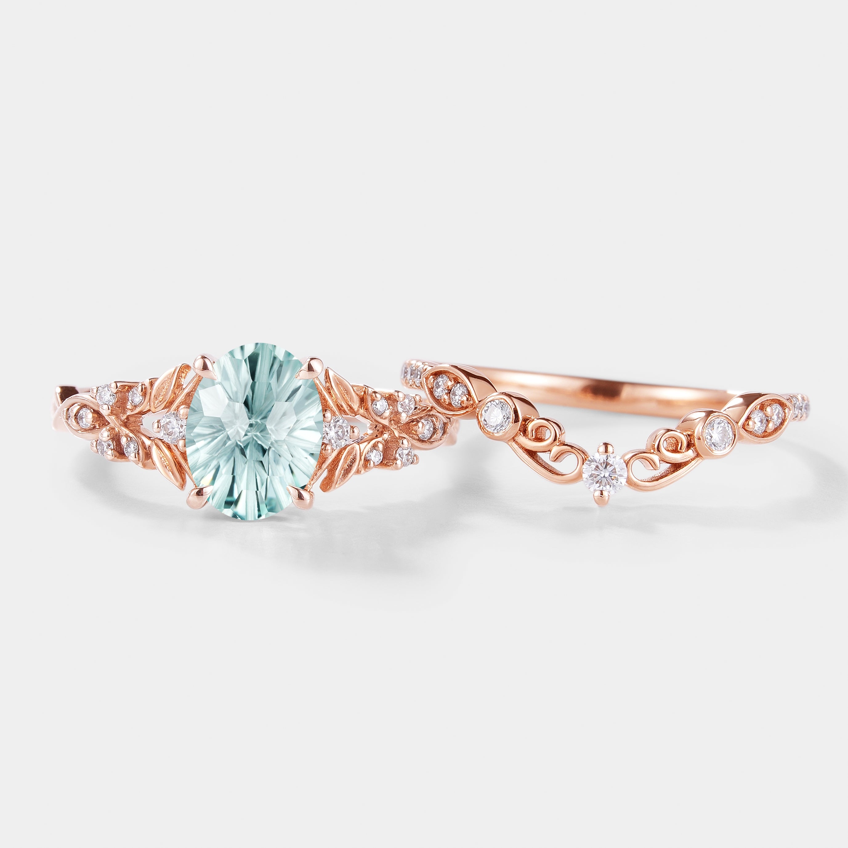 Rose gold aquamarine leaf engagement ring set