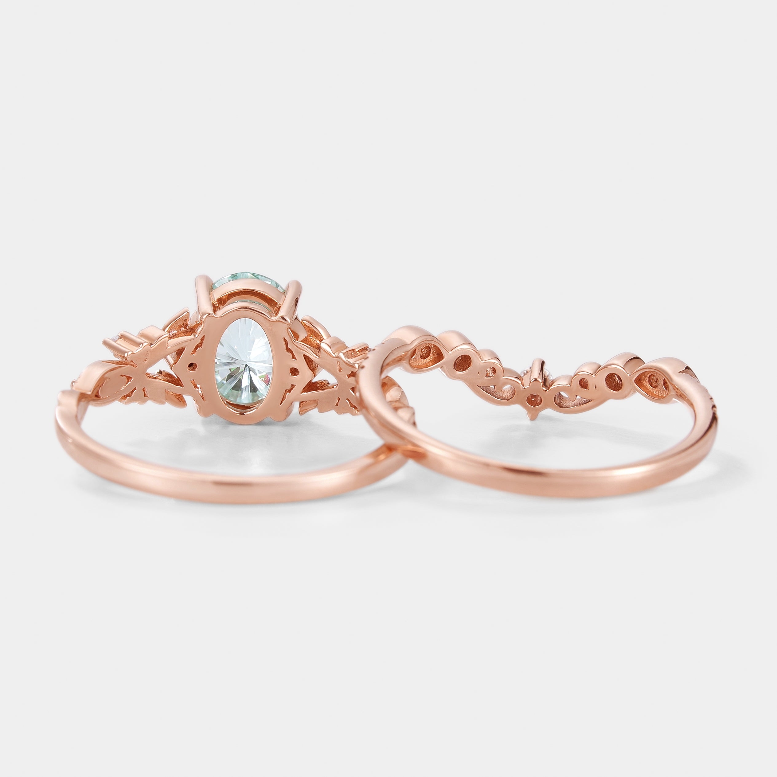 Rose Gold Aquamarine Engagement Ring Set with Leaf Accents