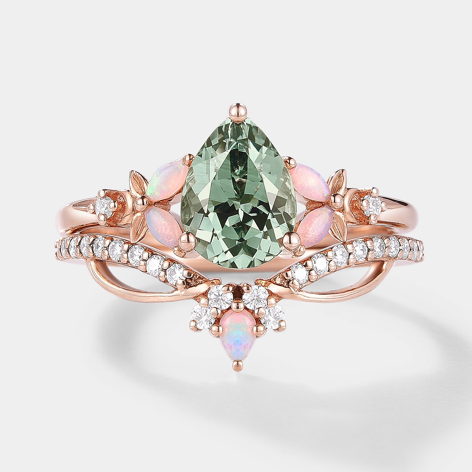 Lab Green Sapphire Flower Opal Engagement Ring Set