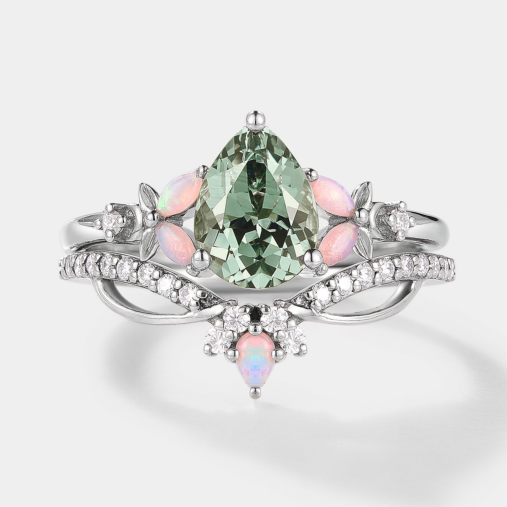 Green Sapphire and Opal Engagement Ring Set, Lahela Jewelry