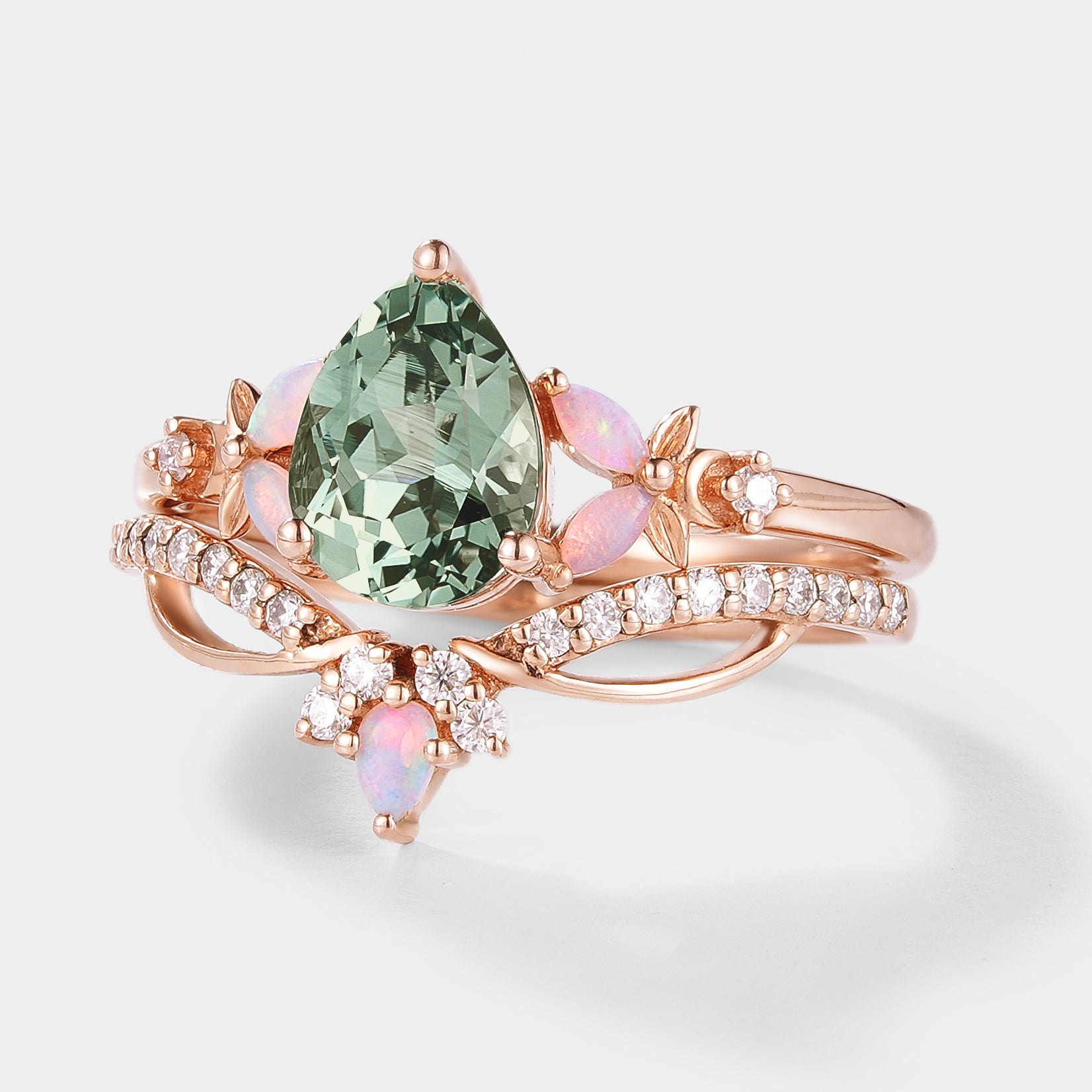 Nature-Inspired Engagement Ring Set with Green Sapphire and Opal