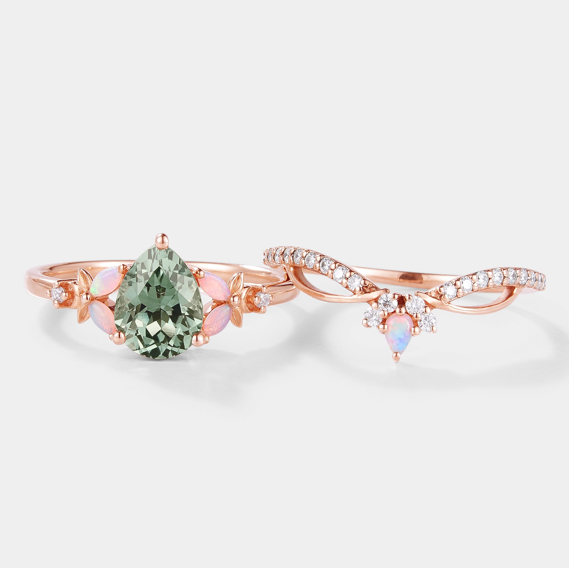 Rose gold lab green sapphire and opal engagement ring set