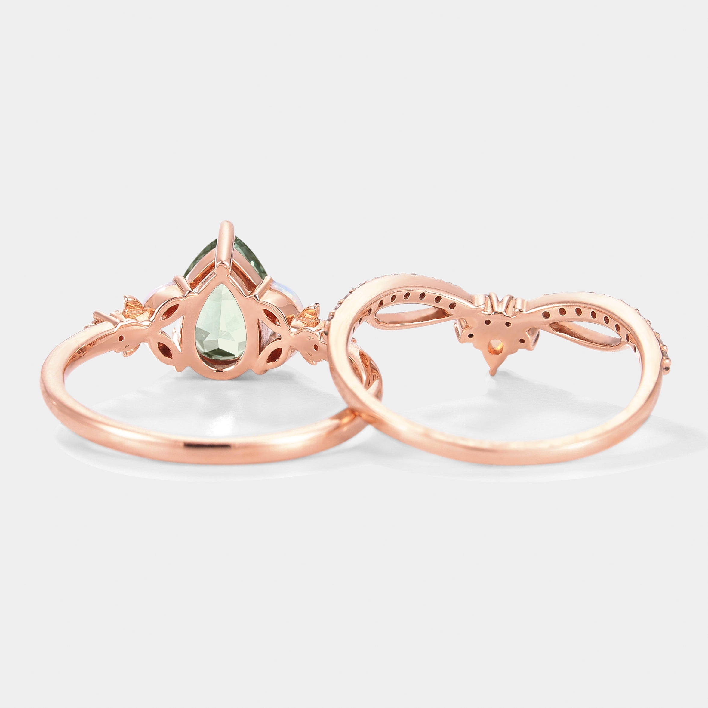 Rose gold lab green sapphire engagement ring set, floral design