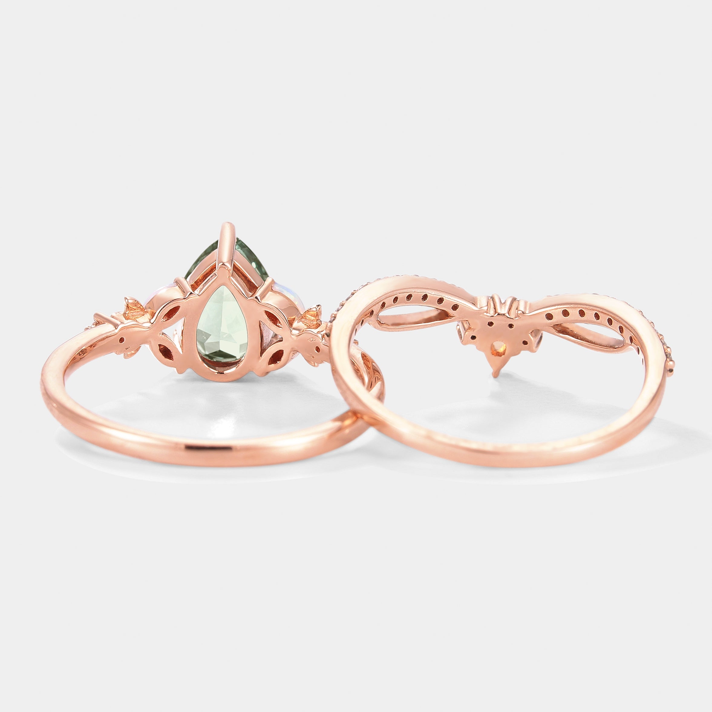 Rose gold lab green sapphire engagement ring set, floral design