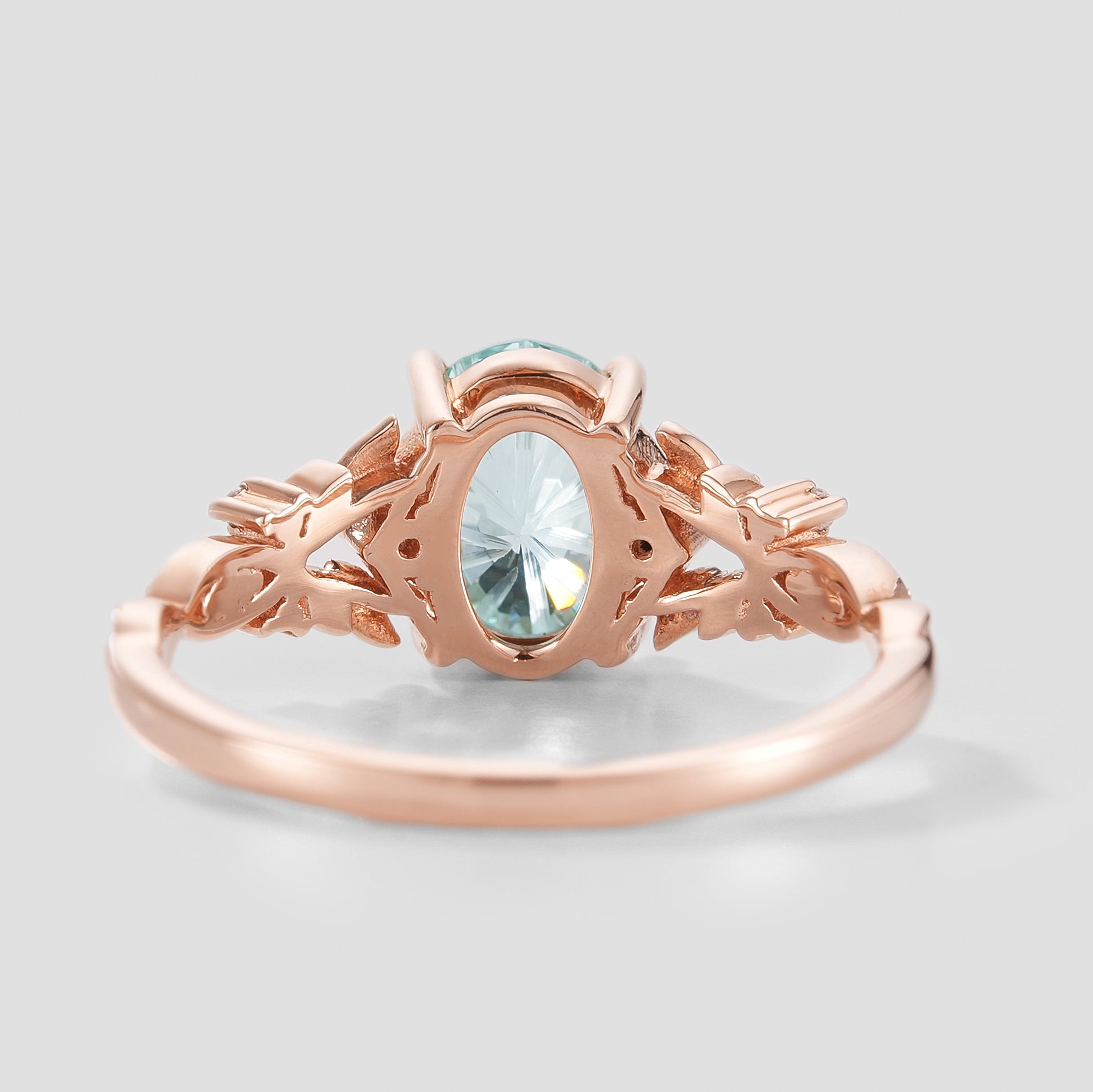 Rose gold aquamarine leaf engagement ring, back view