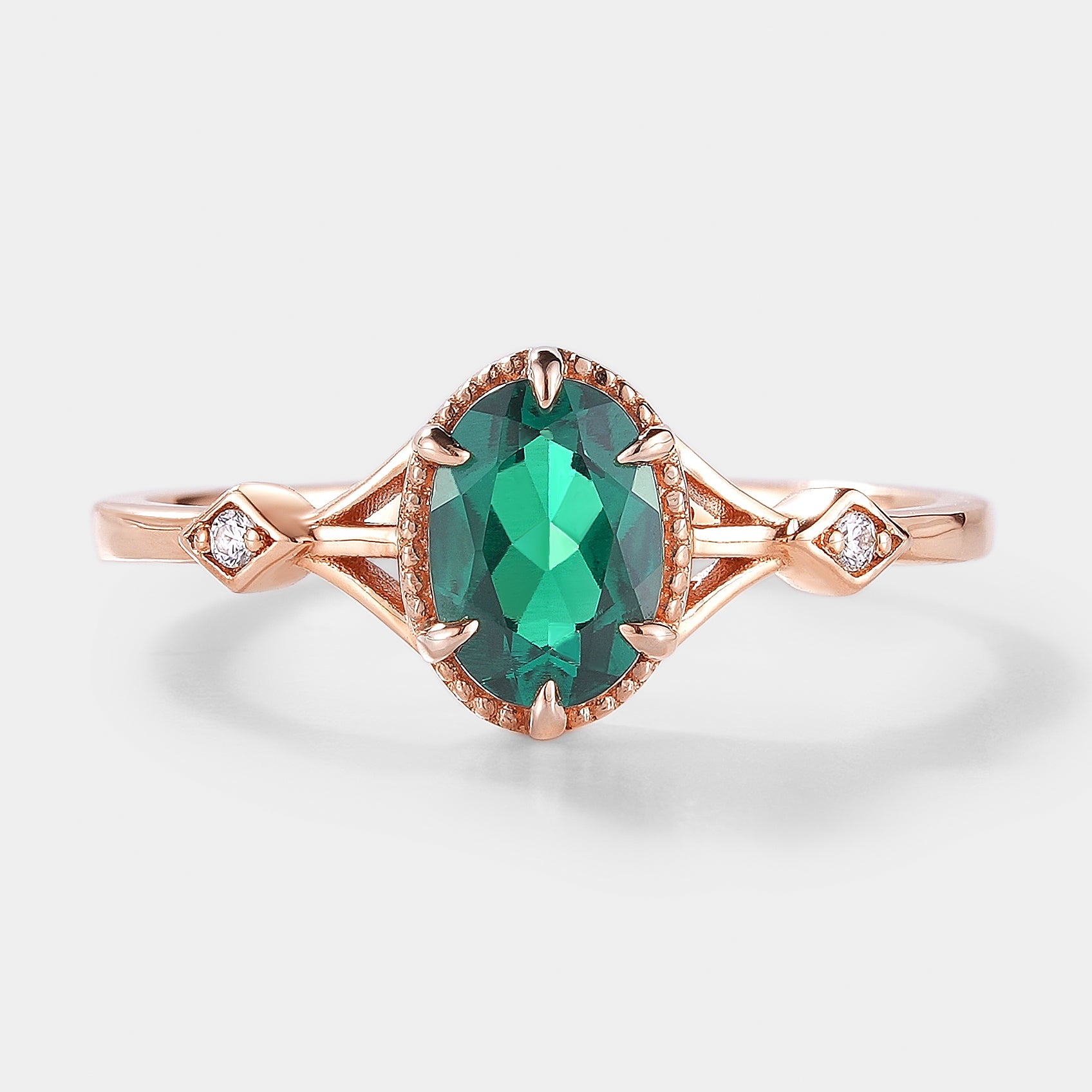 Oval Cut Lab Created Emerald Engagement Ring, Rose Gold