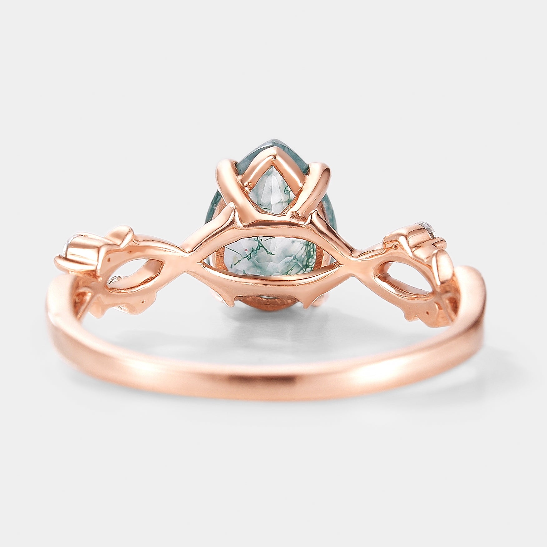 Rose gold moss agate engagement ring with leaf design