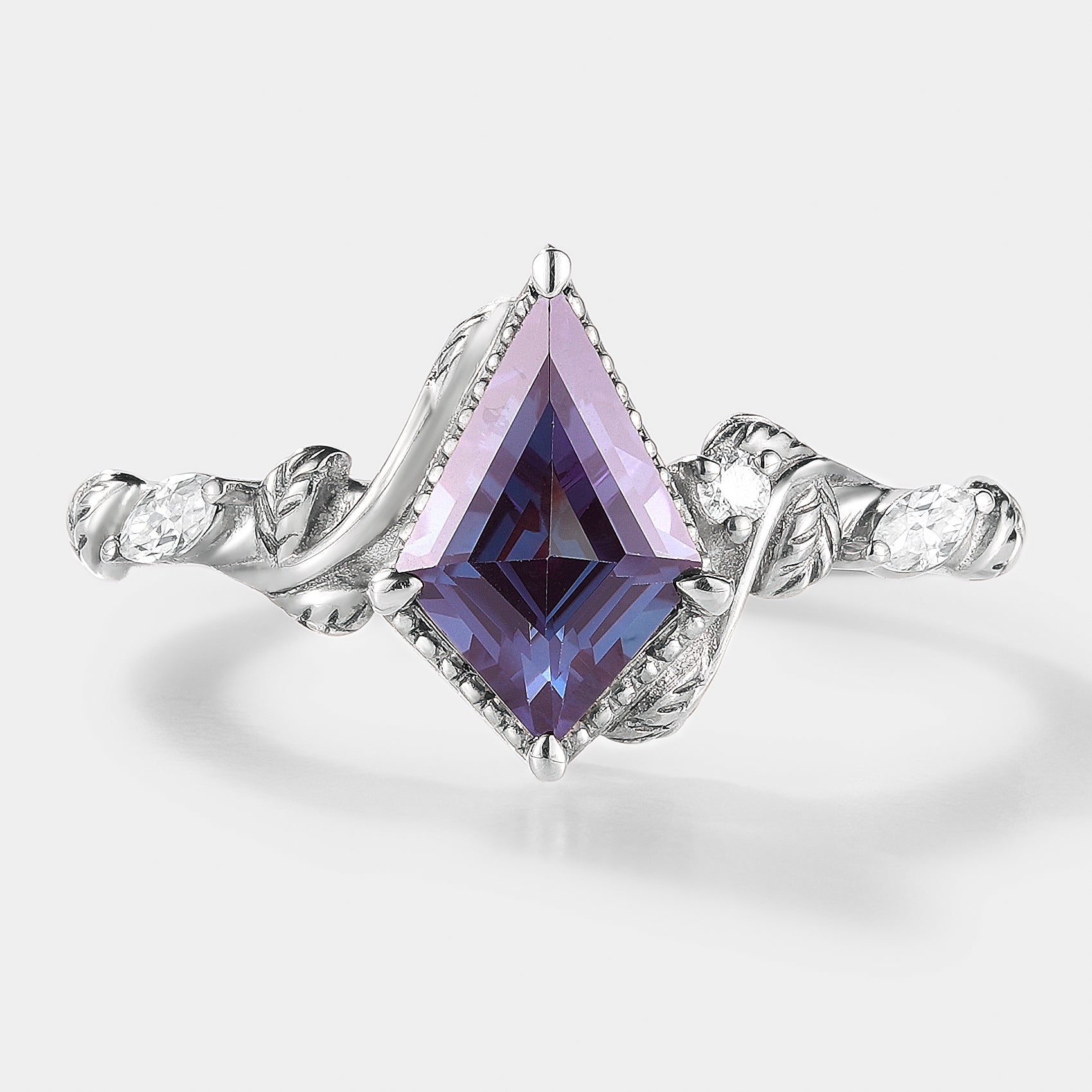 Kite Cut Alexandrite Engagement Ring with Leaf Details