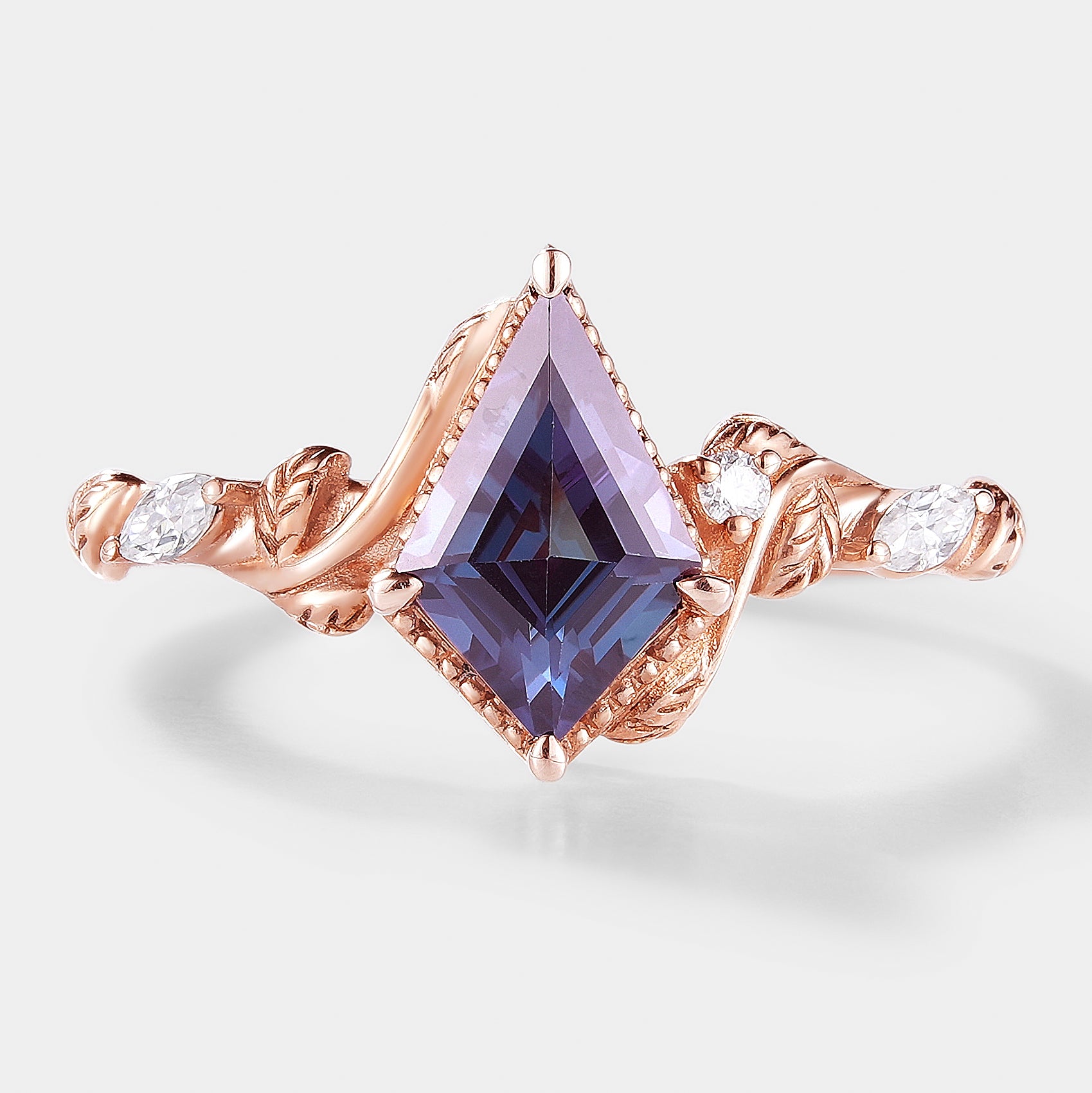 Kite Cut Alexandrite Leafy Engagement Ring by Lahela Jewelry