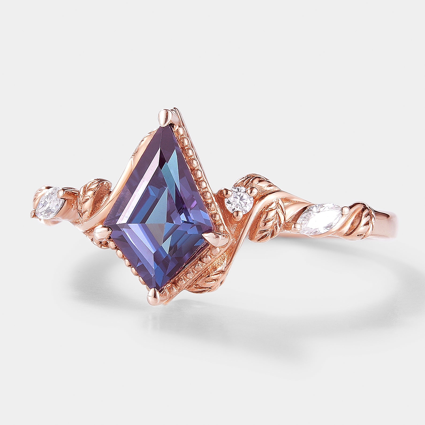 Kite Cut Alexandrite Engagement Ring with Leaf Design