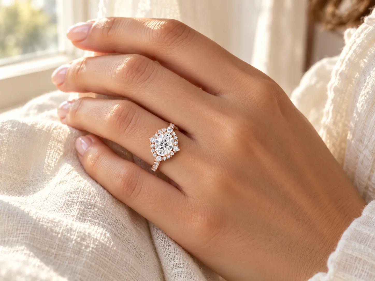 Rose gold pavé engagement ring with an oval center stone and halo, worn on a hand in soft window light.