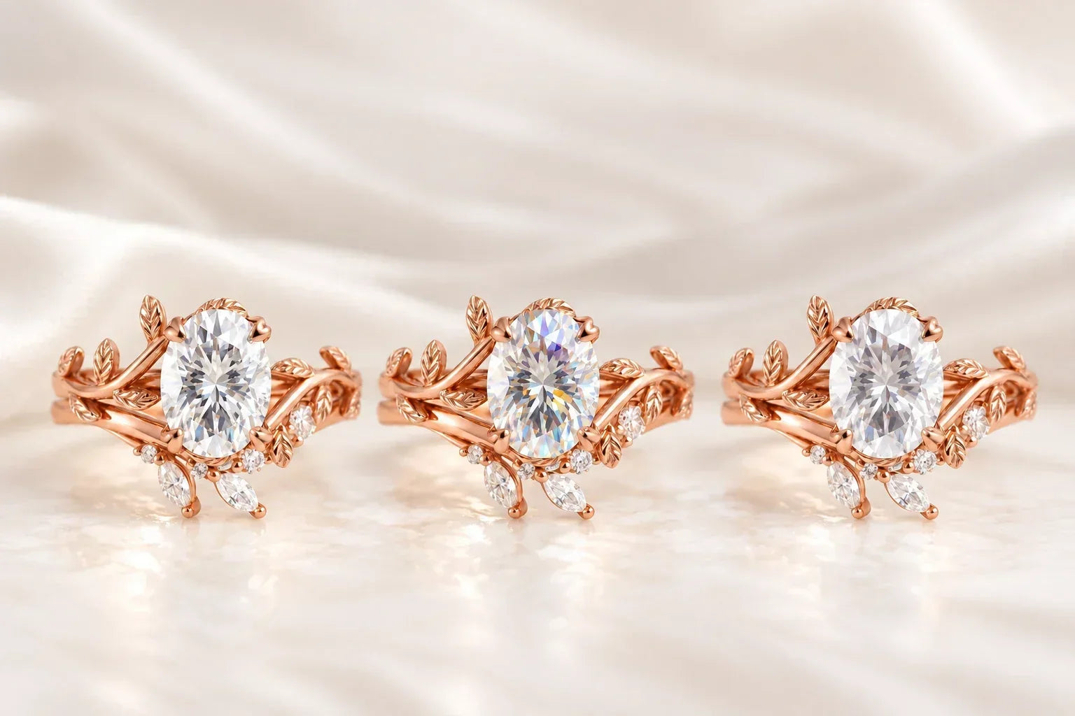 Three rose-gold engagement rings illustrating lab-grown diamond, moissanite, and cubic zirconia, from left to right