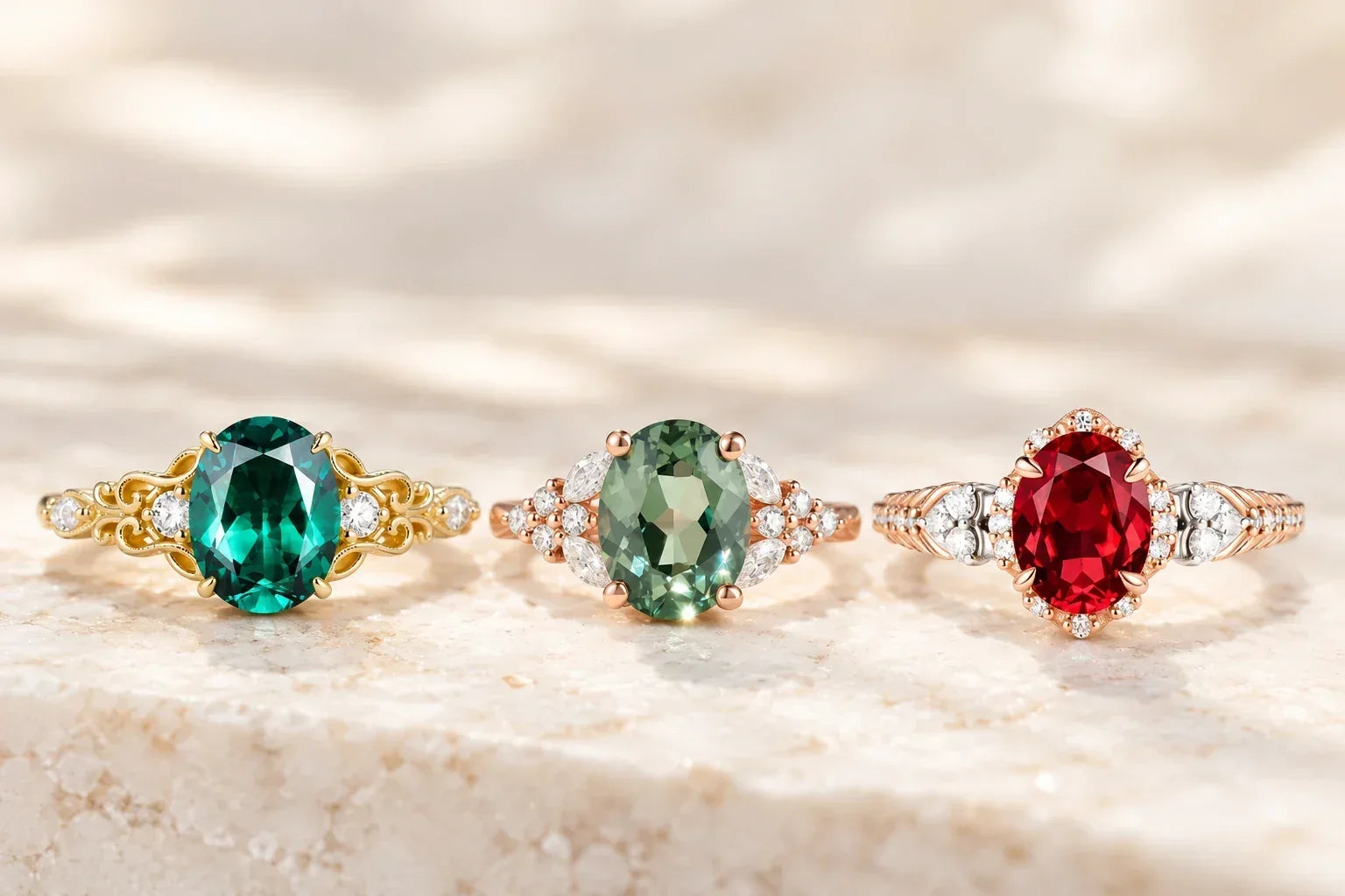 Three engagement rings featuring an emerald, green sapphire, and ruby, arranged side by side.
