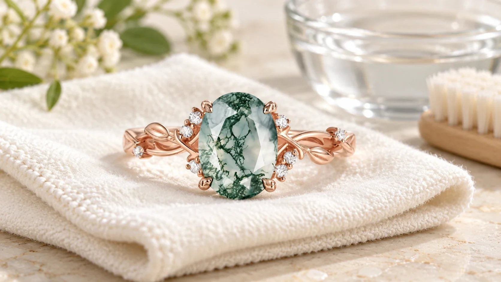 Oval moss agate ring with a rose gold vine band on an ivory cloth beside gentle cleaning supplies