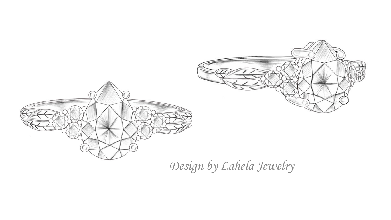 A sketch of two elegant rings with intricate designs and a central gemstone, created by Lahela Jewelry.
