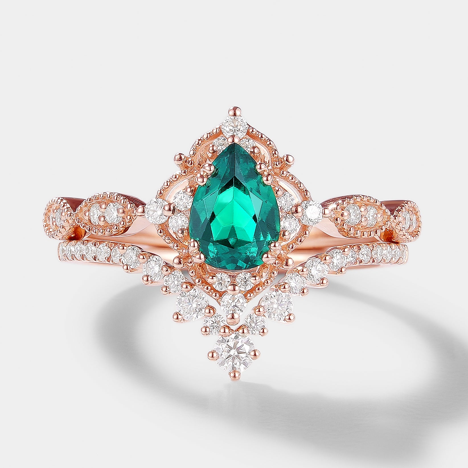 Vintage Pear Cut Lab Emerald Engagement Ring Bridal Set 2pcs In Rose Gold