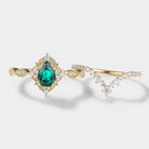 Vintage Pear Cut Emerald Engagement Ring Set, Gold Ring with Emerald