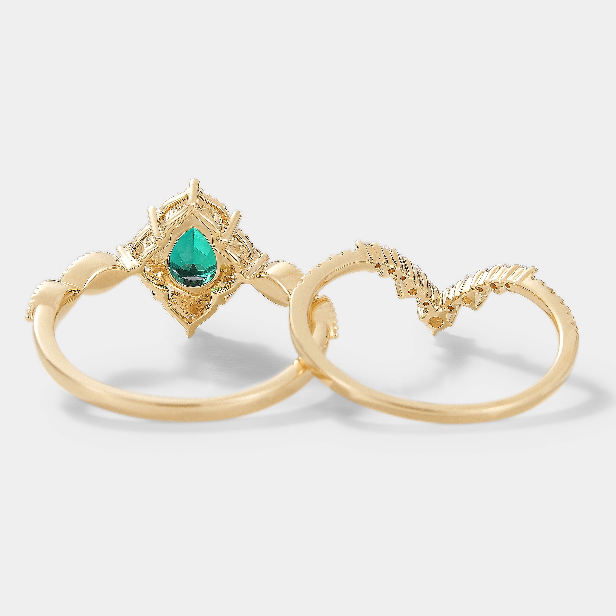 Vintage Emerald Engagement Ring Set, Gold band, Bridal Set