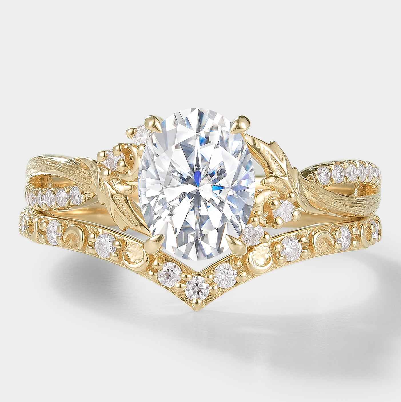 Lab Diamond Leaf Bark Texture Engagement Ring Sets 2pcs For Anika