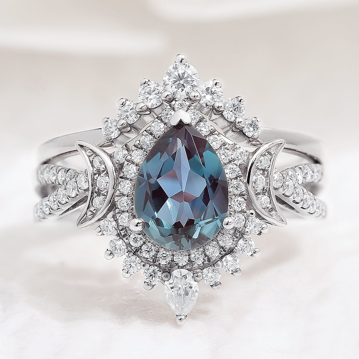 Unique Pear Shaped Alexandrite Engagement Ring Set Moissanite Cluster Wedding Band In White Gold