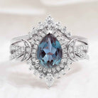 Unique Pear Shaped Alexandrite Engagement Ring Set Moissanite Cluster Wedding Band