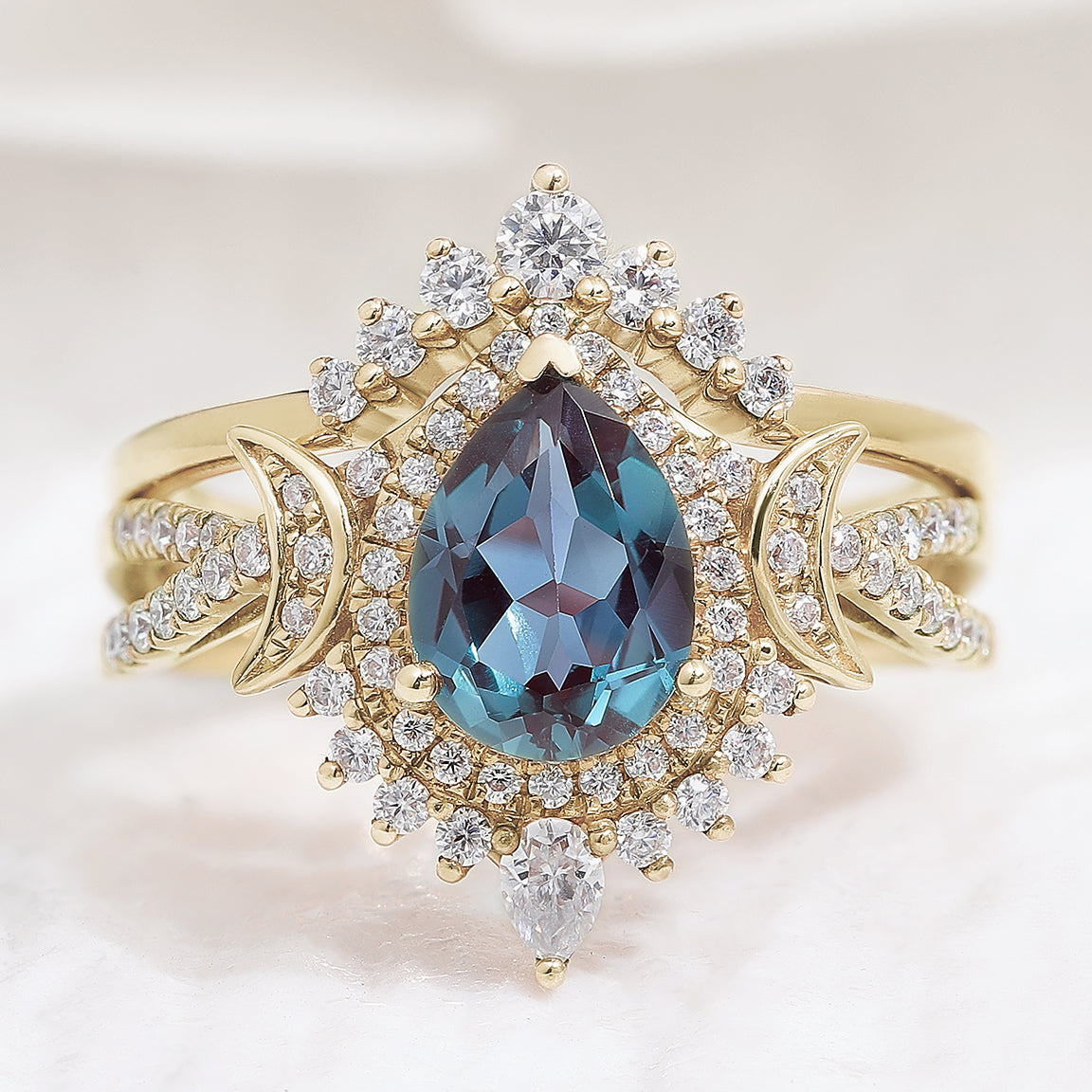 Unique Pear Shaped Alexandrite Engagement Ring Set Moissanite Cluster Wedding Band In Yellow Gold