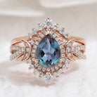 Unique Pear Shaped Alexandrite Engagement Ring Set Moissanite Cluster Wedding Band