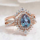 Unique Pear Shaped Alexandrite Engagement Ring Set Moissanite Cluster Wedding Band