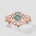 Moss Agate Engagement Ring Set with Leaf Wedding Band