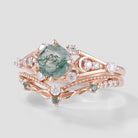 Rose gold moss agate engagement ring set with leaf band