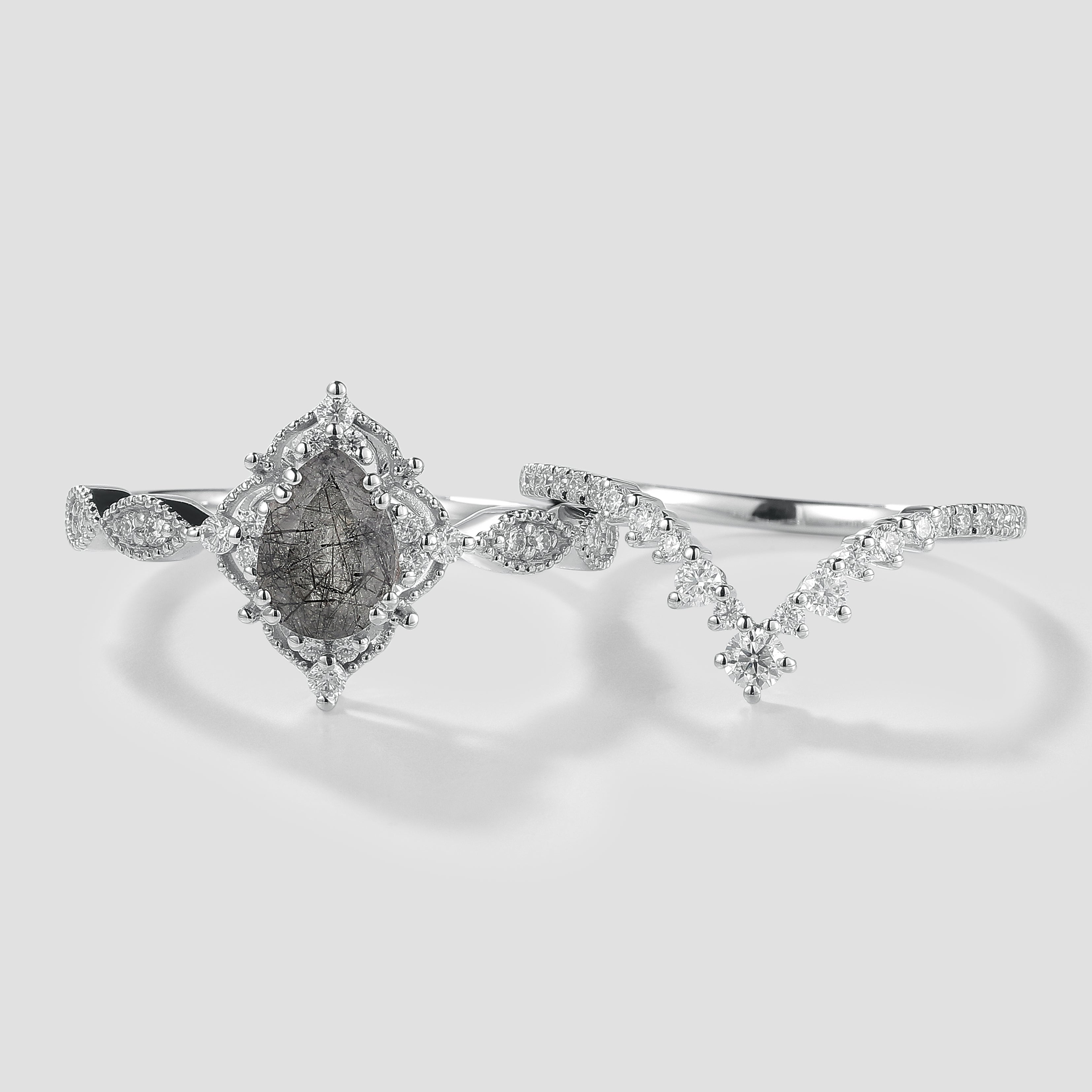 Vintage black rutilated quartz engagement ring set with moissanite