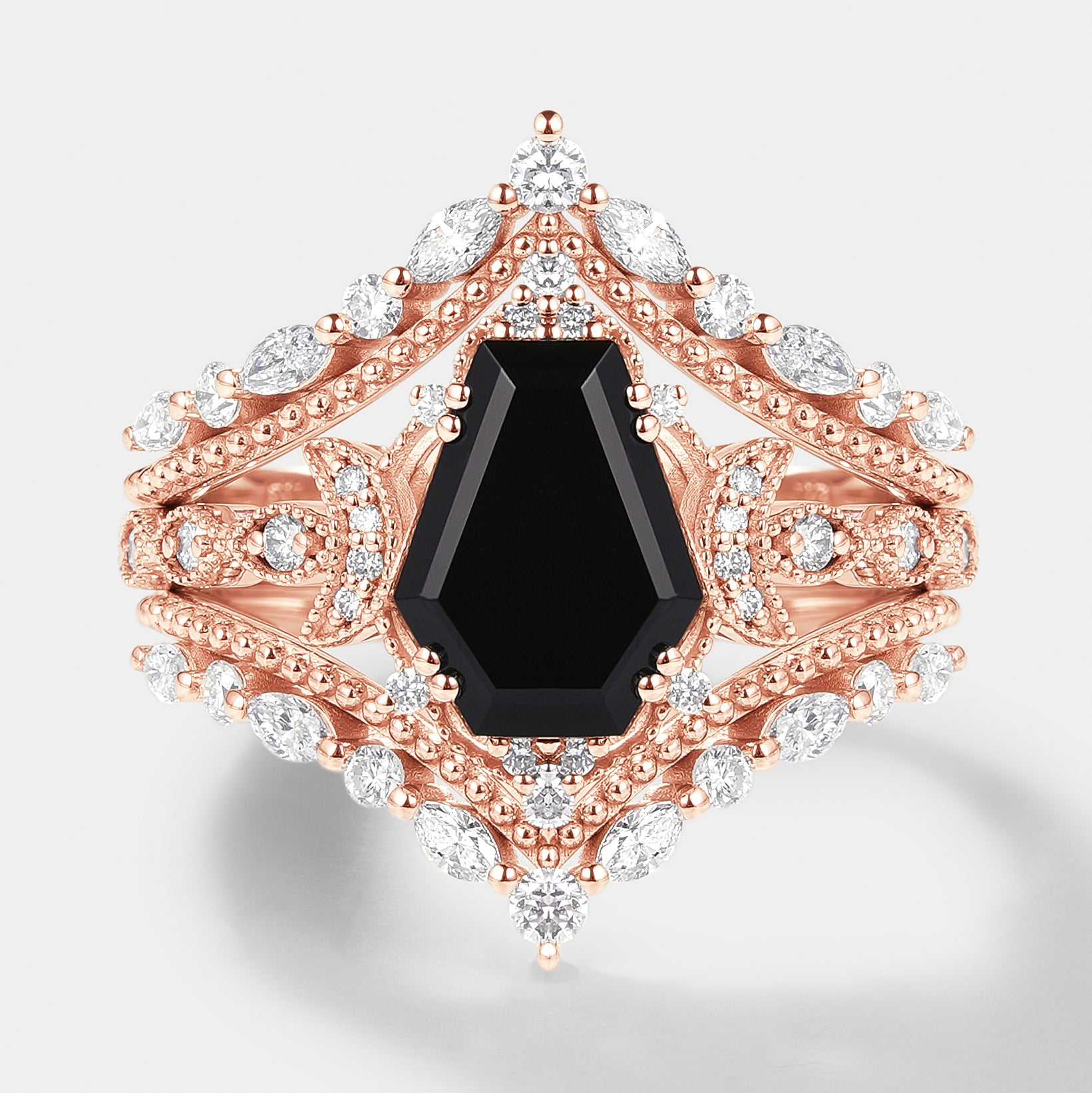 Rose gold coffin cut black onyx engagement ring set