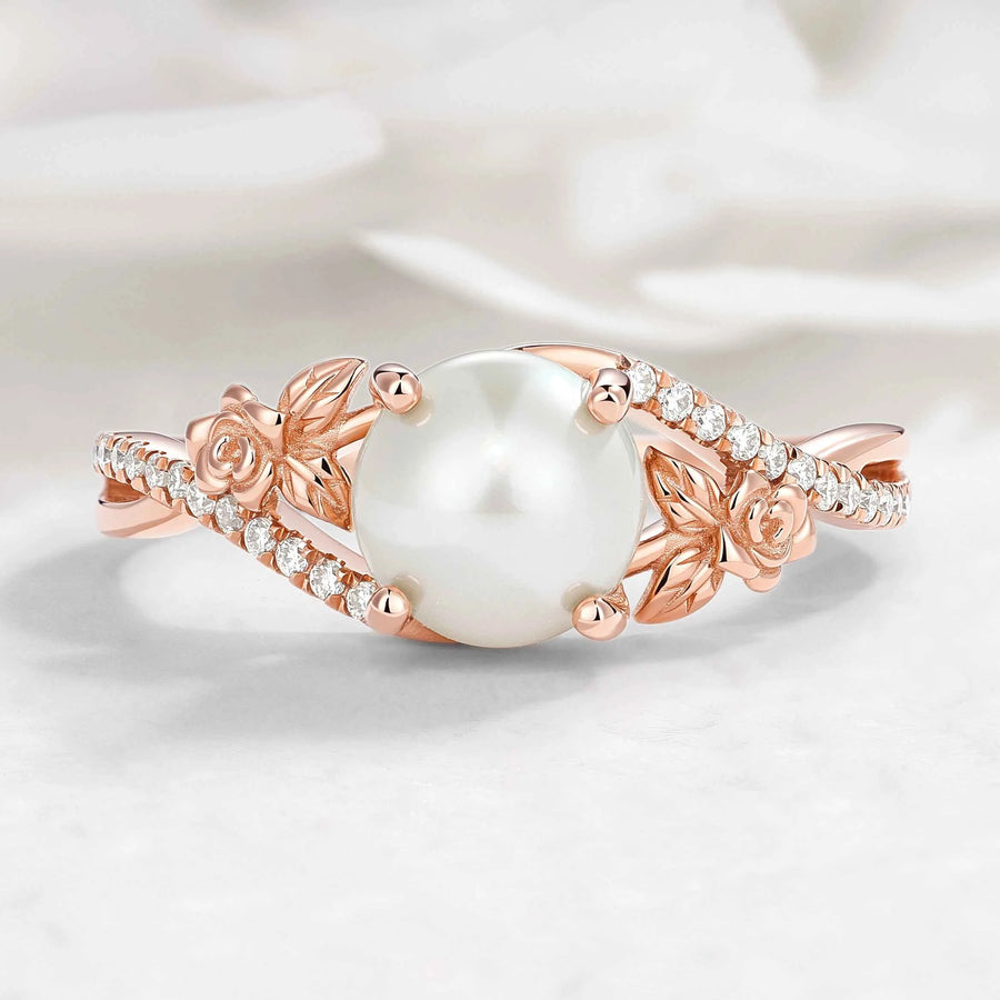 Nature Inspired Rose Romantic Pearl Engagement Ring