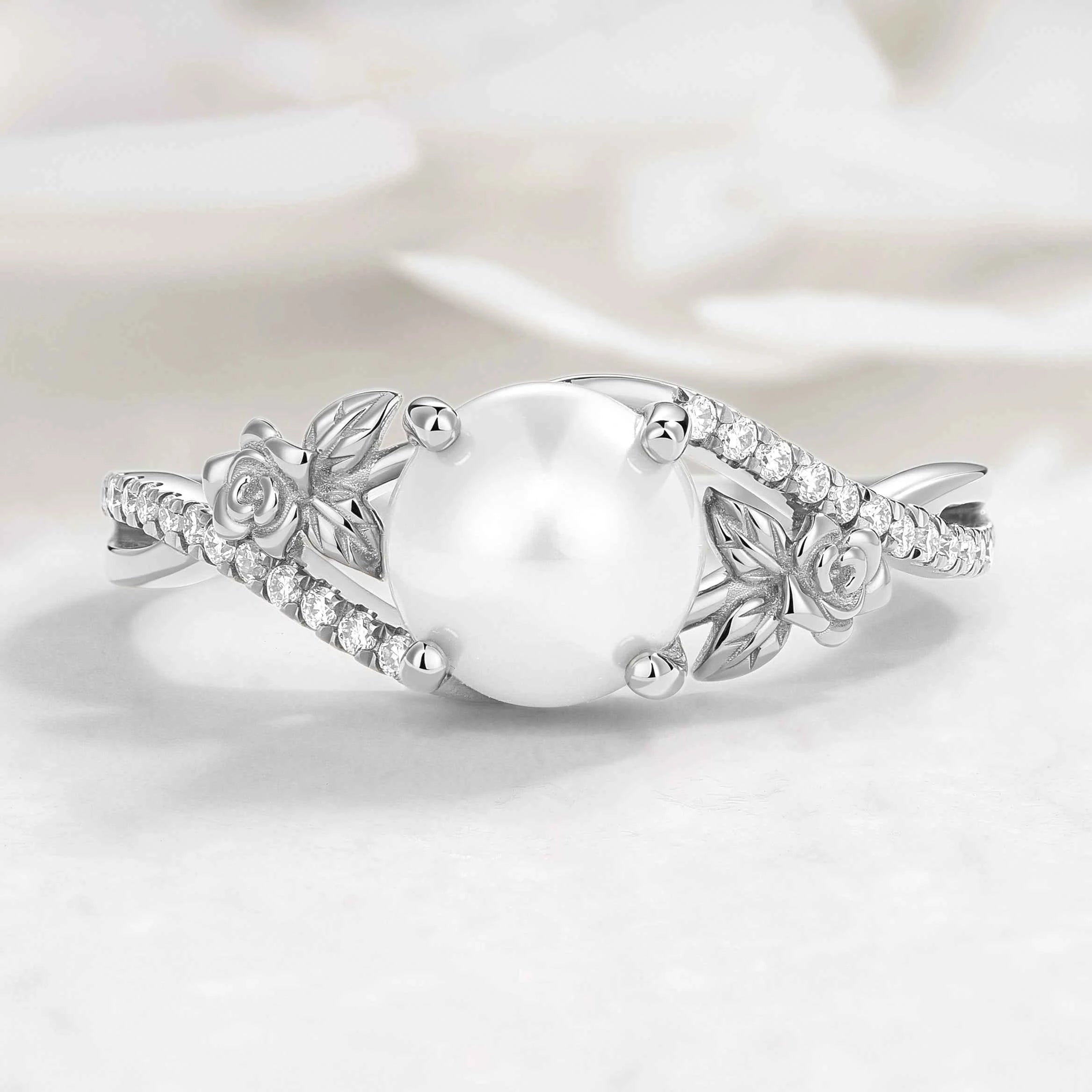 Nature Inspired Rose Romantic Pearl Engagement Ring