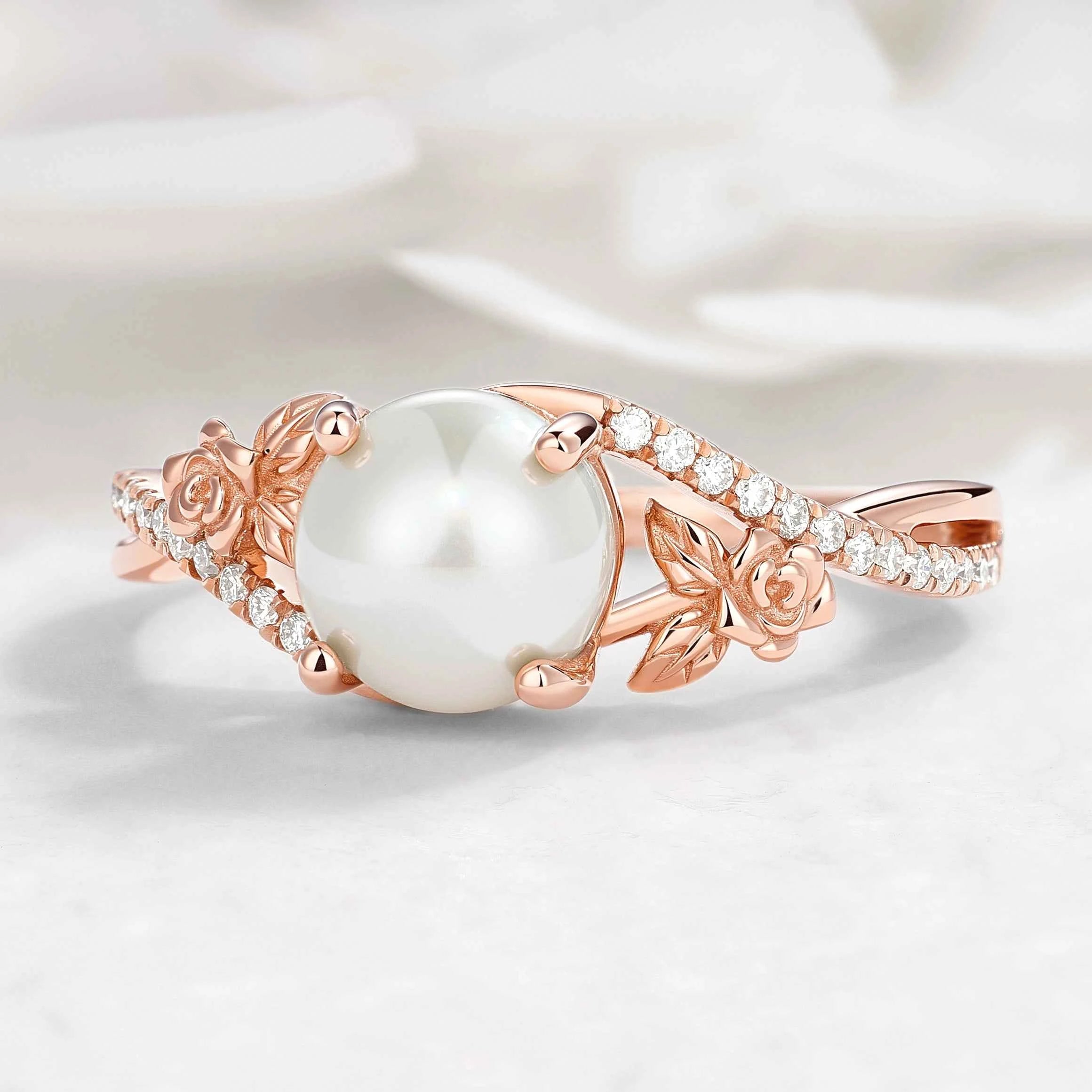 Nature Inspired Rose Romantic Pearl Engagement Ring