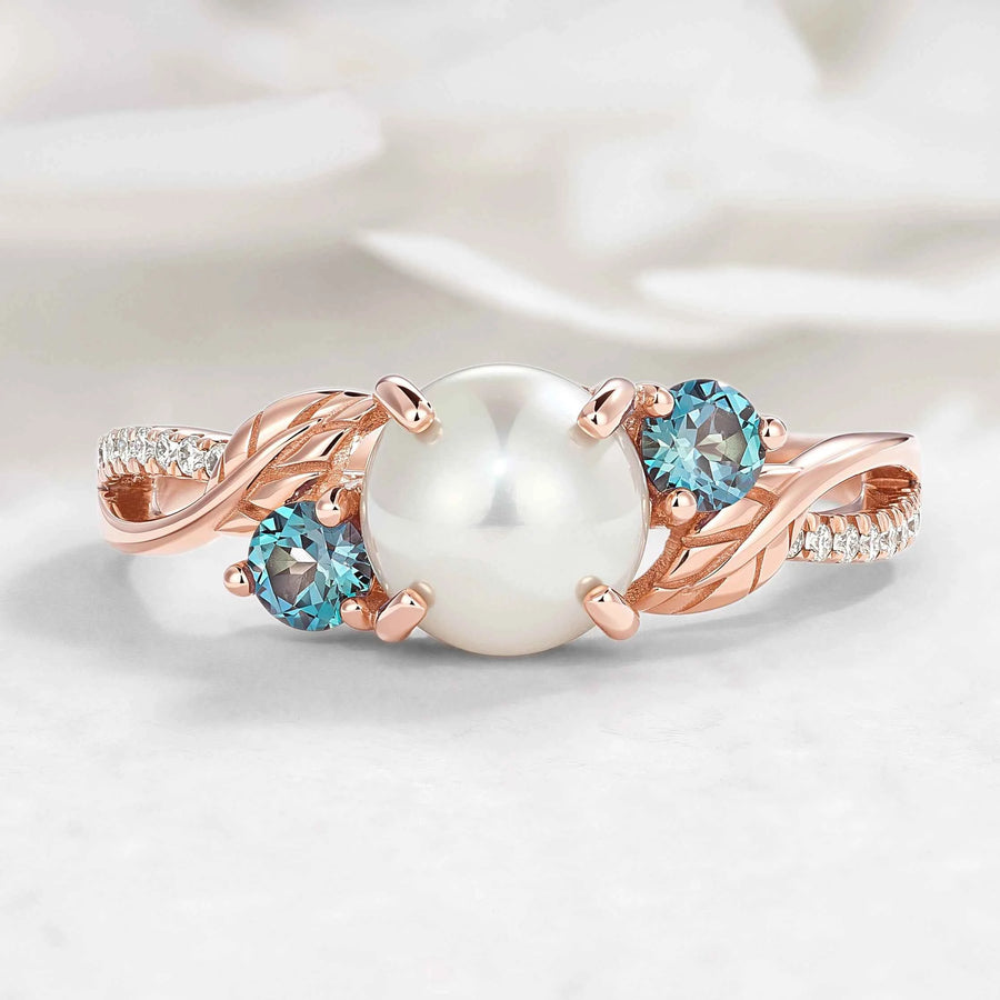 Nature Inspired Pearl Engagement Ring with Alexandrite Moissanite Accents
