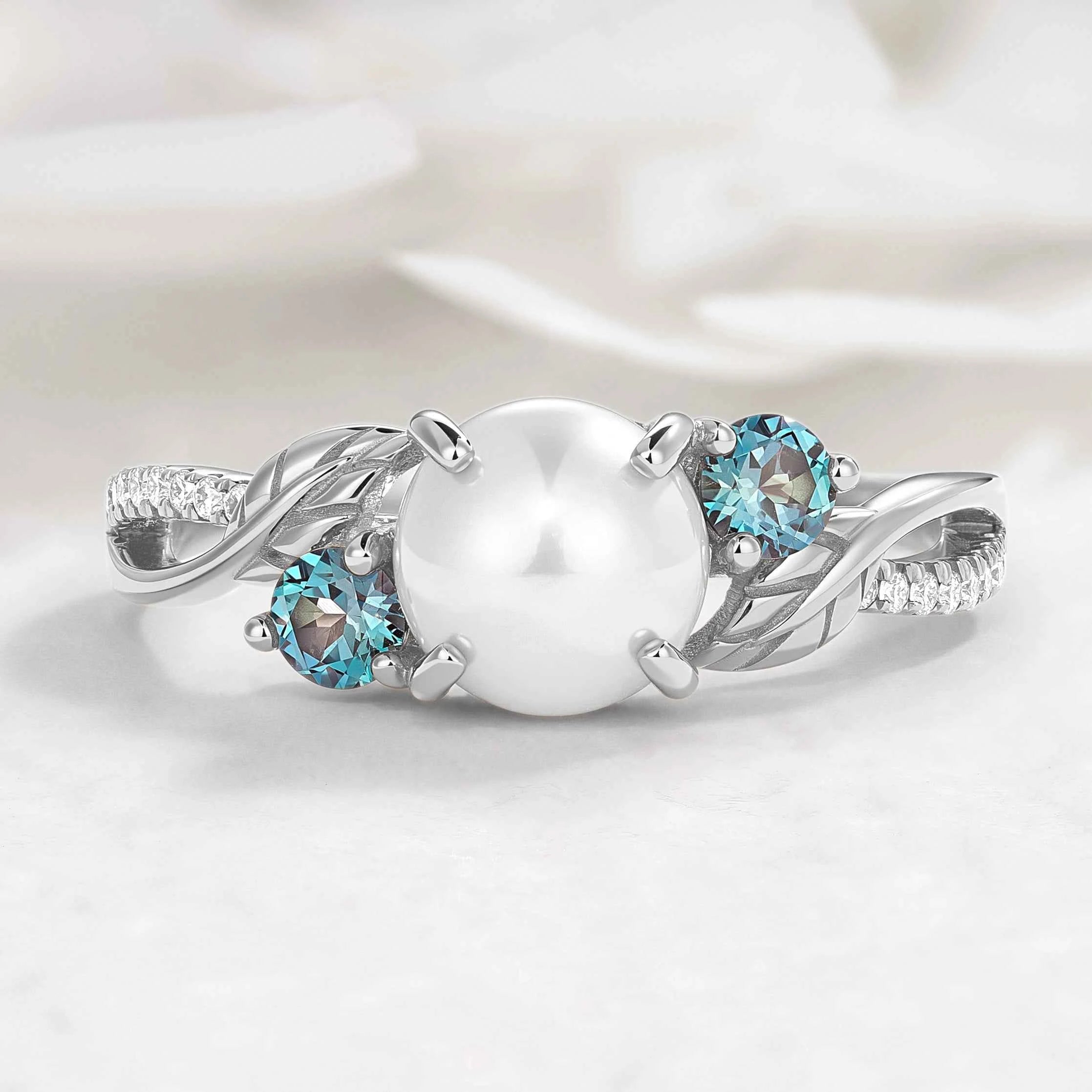 Nature Inspired Pearl Engagement Ring with Alexandrite Moissanite Accents