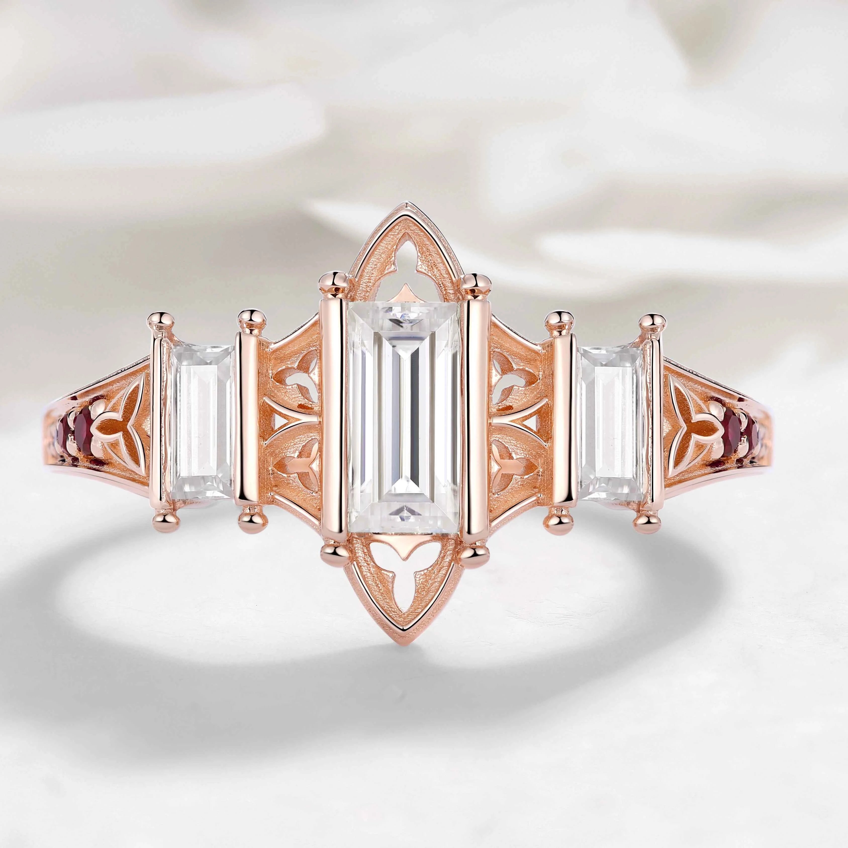 Vintage Three-Stone Emerald Cut Moissanite Engagement Ring Cathedral-Inspired