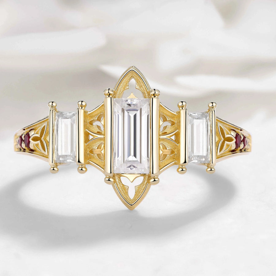 Vintage Three-Stone Emerald Cut Moissanite Engagement Ring Cathedral-Inspired