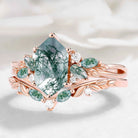 Nature-inspired Leaf Hexagon Cut Moss Agate Engagement Ring 2pcs