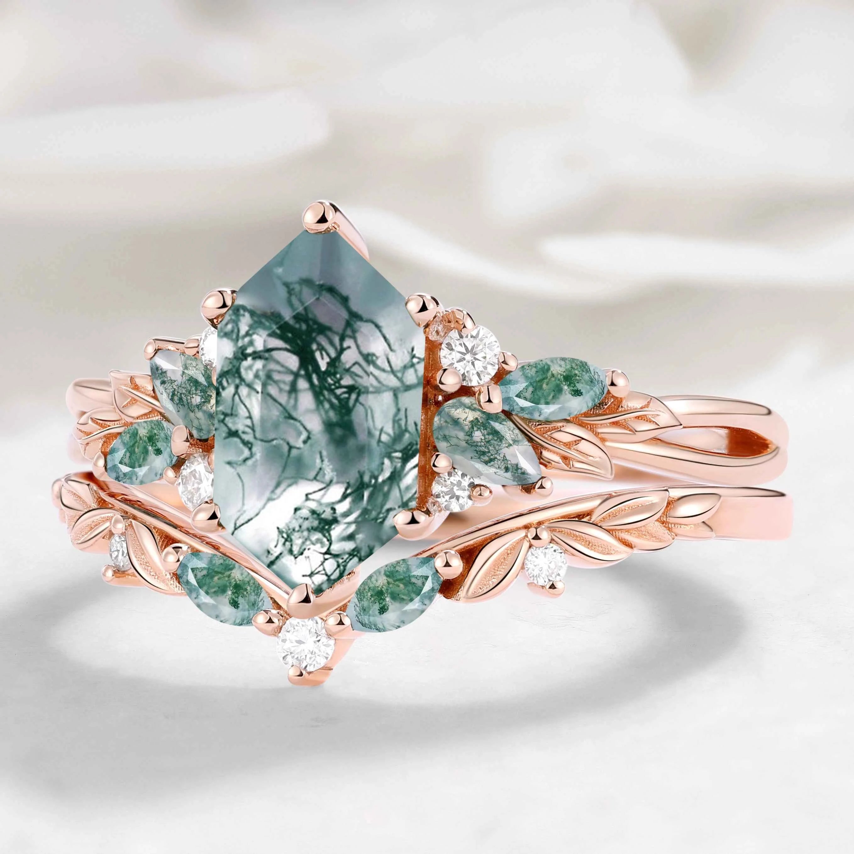 Nature-inspired Leaf Hexagon Cut Moss Agate Engagement Ring 2pcs