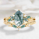 Nature-inspired Leaf Hexagon Cut Moss Agate Engagement Ring 2pcs