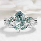 Nature-inspired Leaf Hexagon Cut Moss Agate Engagement Ring 2pcs